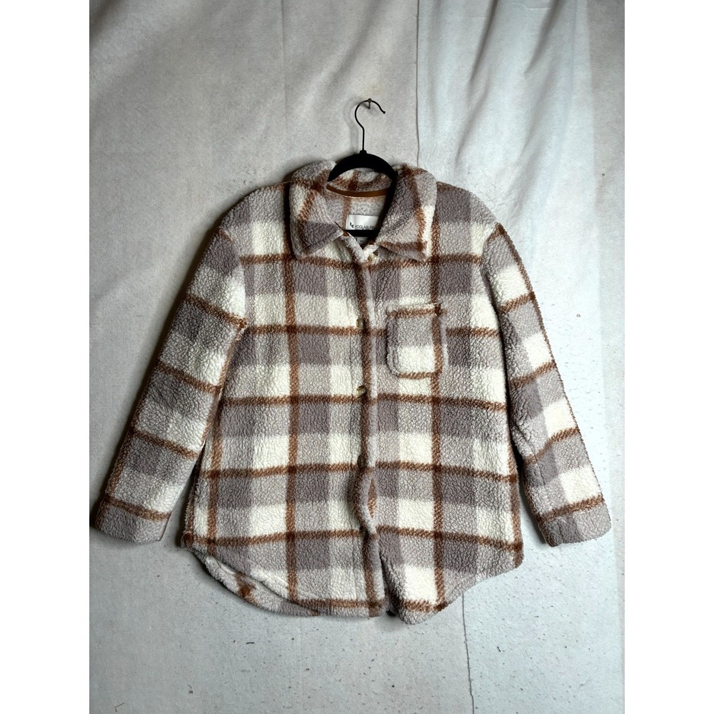 Koolaburra by UGG Shacket Women's XS Gray Brown Plaid Teddy Sherpa Button Up